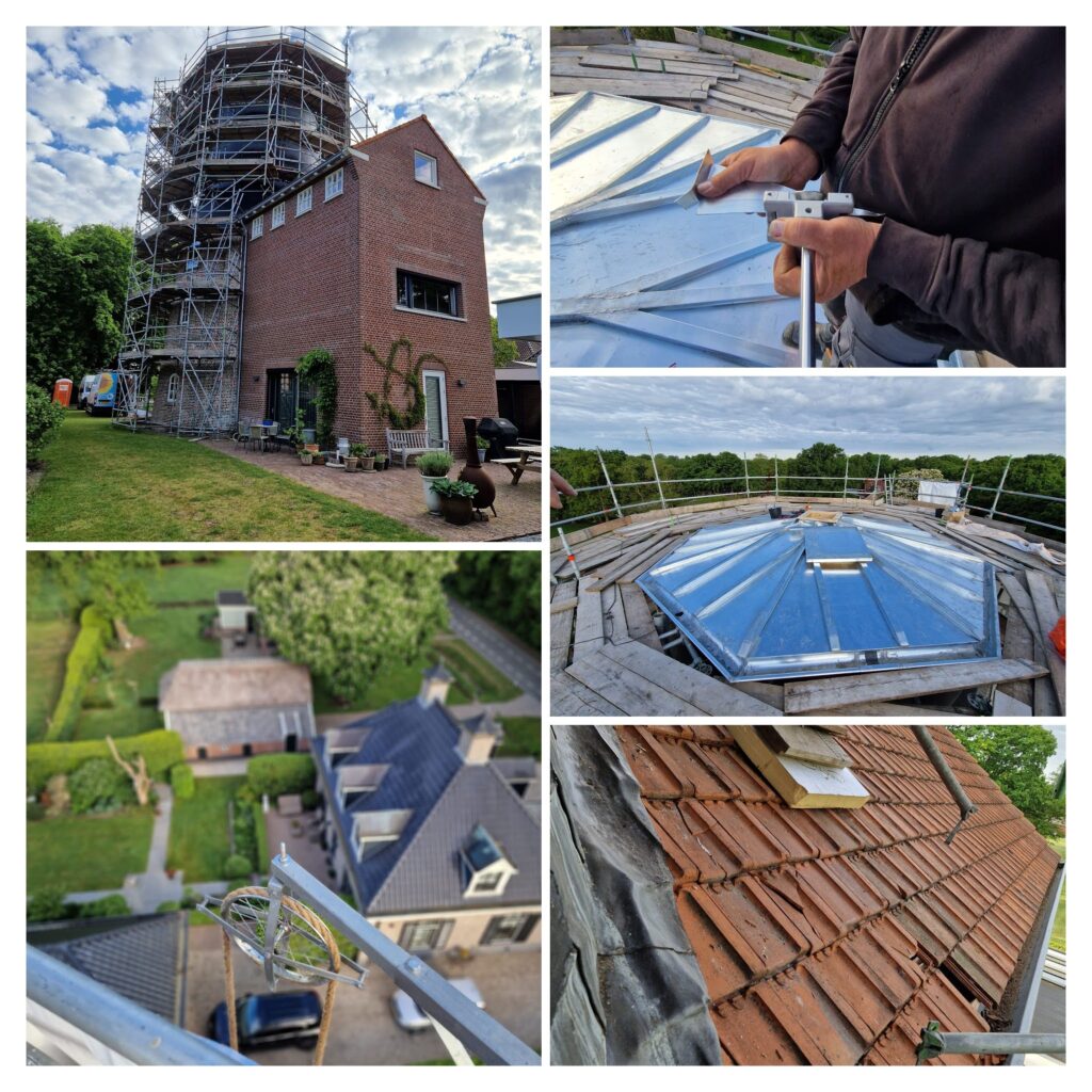 Collage van een zinken roevendak bovenop de romp van een monumentale molen .